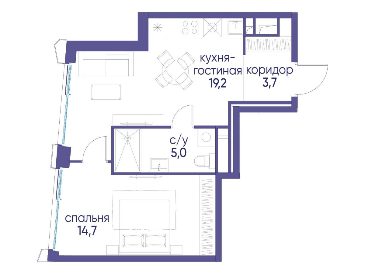 Планировка 1-комнатная квартира в ЖК "Остров"
