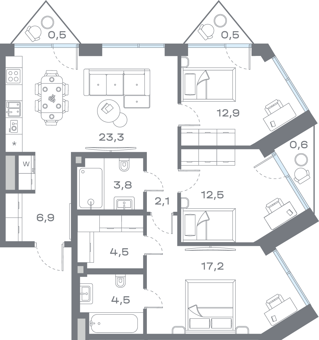 Планировка 3-комнатная квартира в ЖК "Дом Горизонтов"