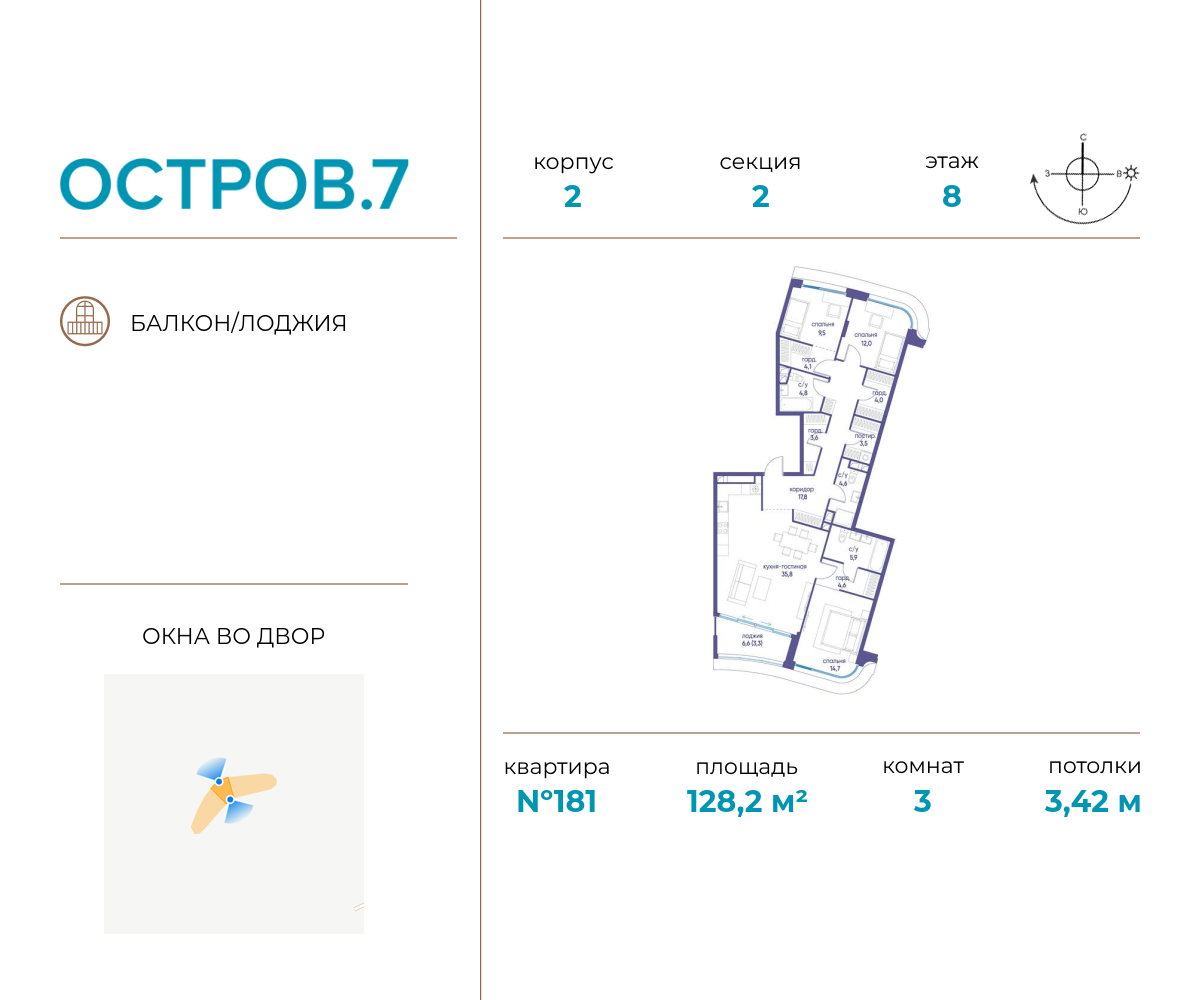 Планировка 3-комнатная квартира в ЖК "Остров"