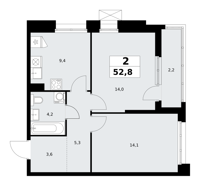Планировка 2-комнатная квартира в ЖК "Прокшино"