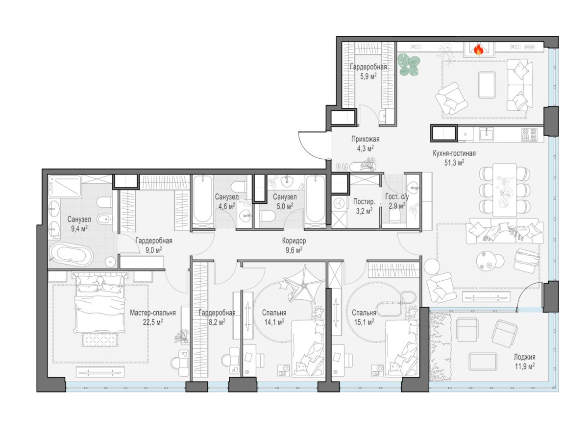 Планировка 4-комнатная квартира в ЖК West Garden (Вест Гарден)