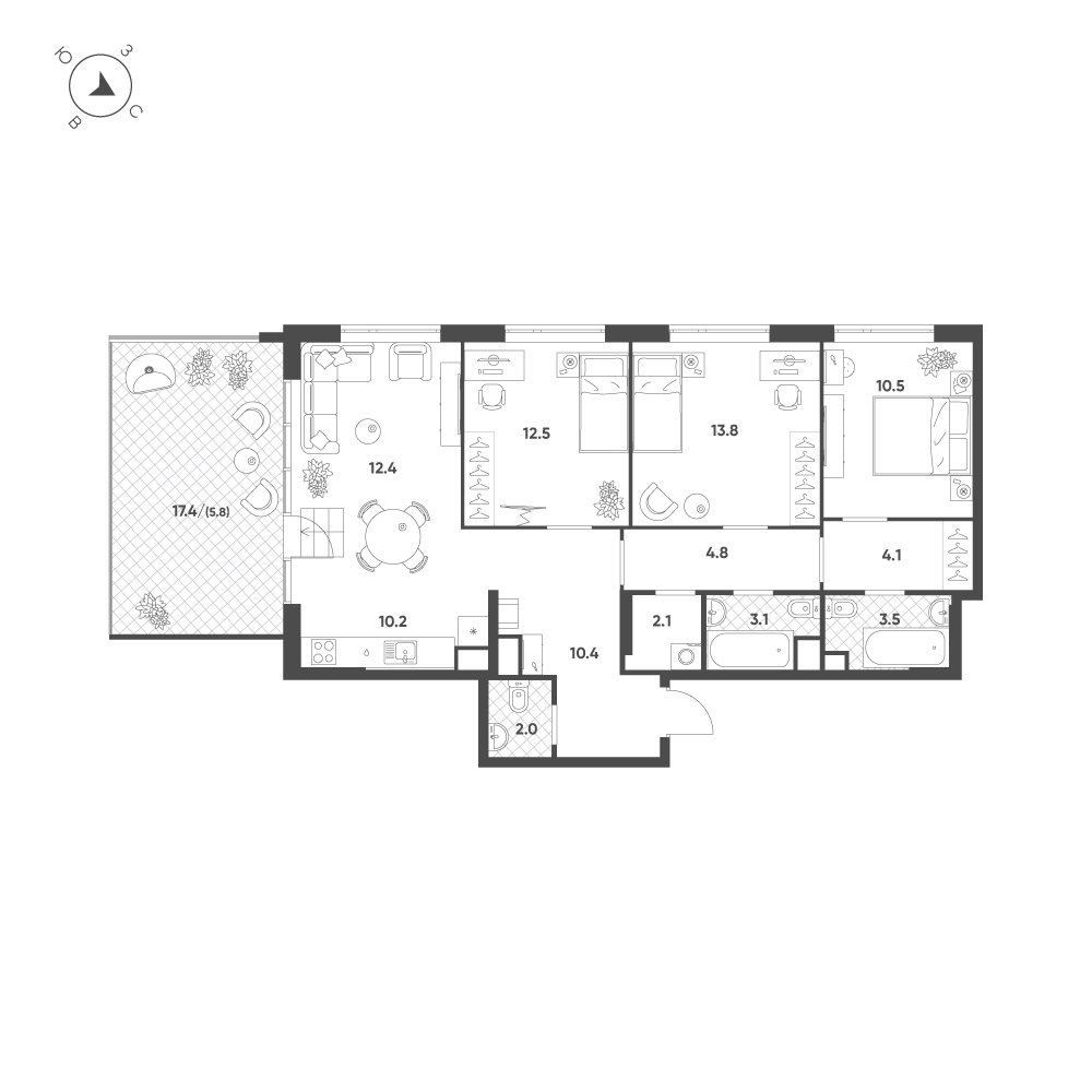 Планировка 4-комнатная квартира в ЖК Voxhall (Воксхолл)
