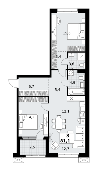 Планировка 3-комнатная квартира в ЖК "Дзен-кварталы"