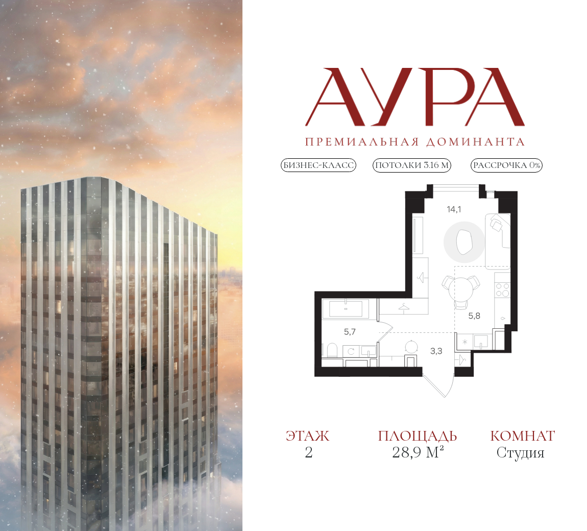 Планировка Студийная планировка в ЖК "АУРА" (Мангазея на Тульской)