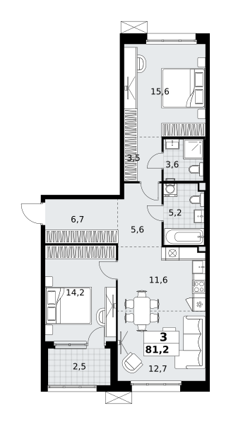 Планировка 3-комнатная квартира в ЖК "Дзен-кварталы"