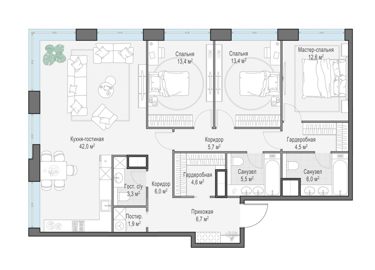 Планировка 5-комнатная квартира в ЖК West Garden (Вест Гарден)