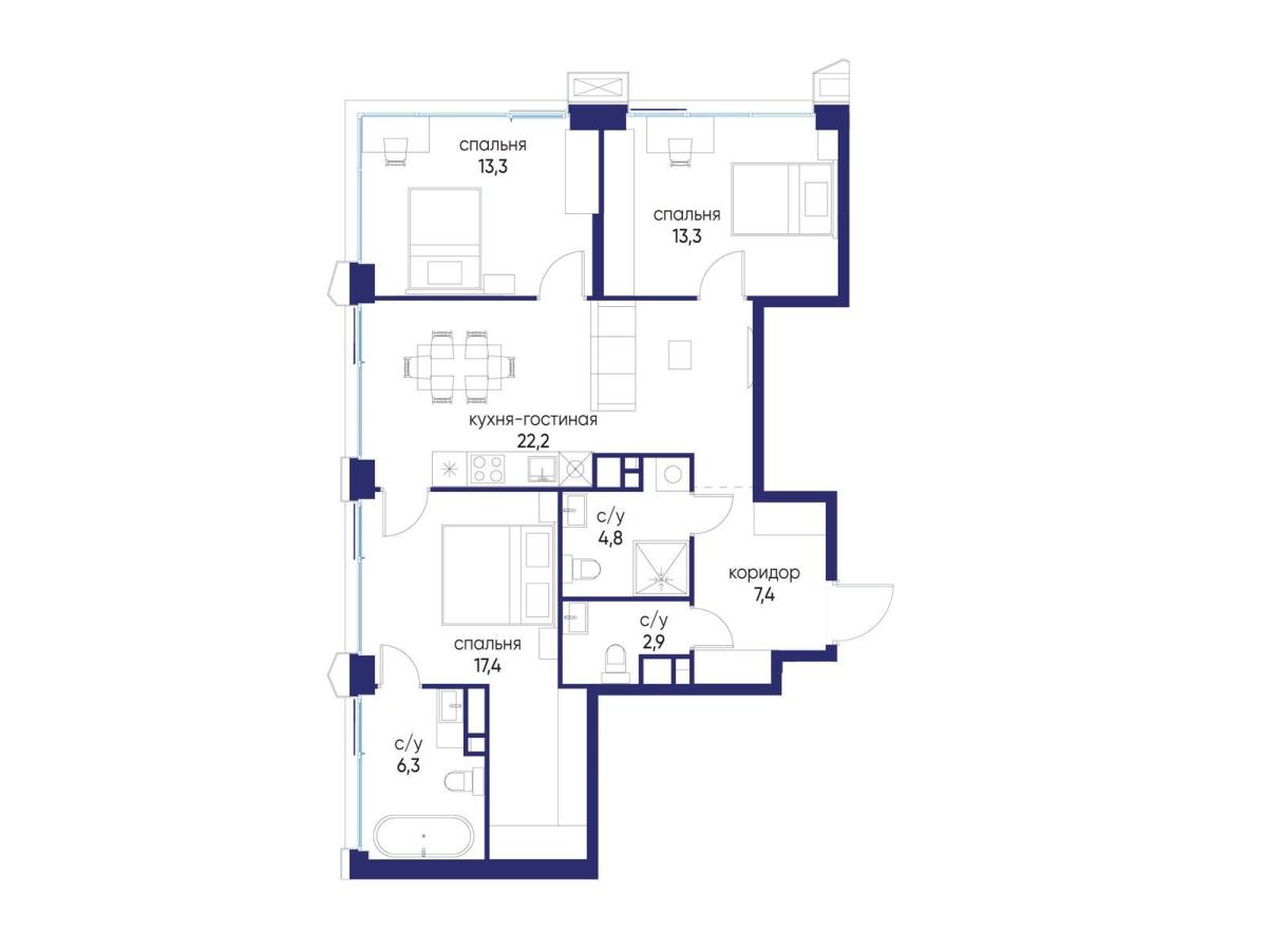 Планировка 3-комнатная квартира в ЖК "Остров"