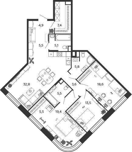 Планировка 3-комнатная квартира в ЖК Shagal (Шагал)