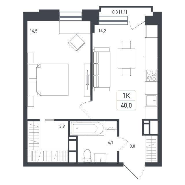 Планировка 1-комнатная квартира в ЖК "Новая Щербинка"