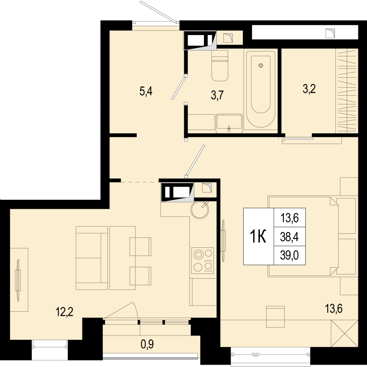 Планировка 1-комнатная квартира в ЖК "Новая Щербинка"
