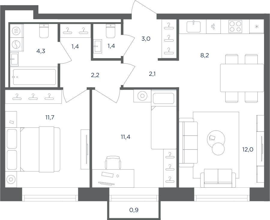 Планировка 3-комнатная квартира в ЖК "Равновесие"