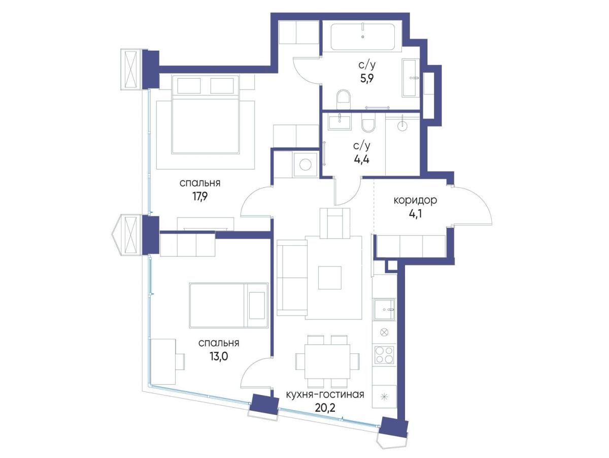 Планировка 2-комнатная квартира в ЖК "Остров"