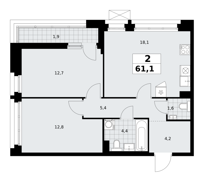 Планировка 2-комнатная квартира в ЖК "Прокшино"
