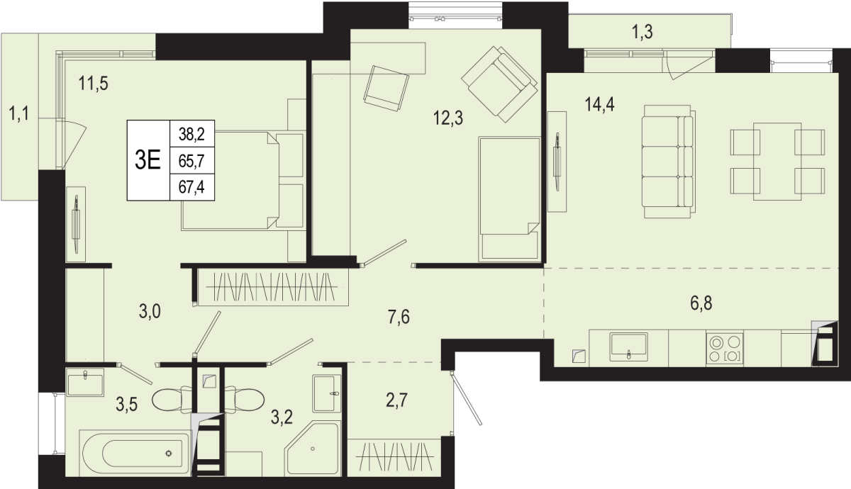 Планировка 3-комнатная квартира в ЖК "Новая Щербинка"