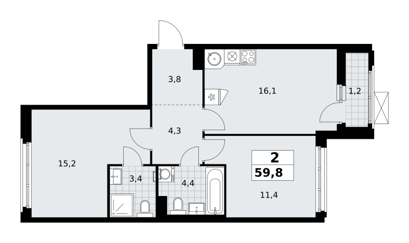 Планировка 2-комнатная квартира в ЖК "Прокшино"