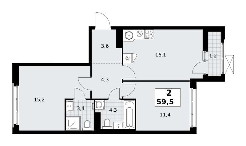 Планировка 2-комнатная квартира в ЖК "Прокшино"