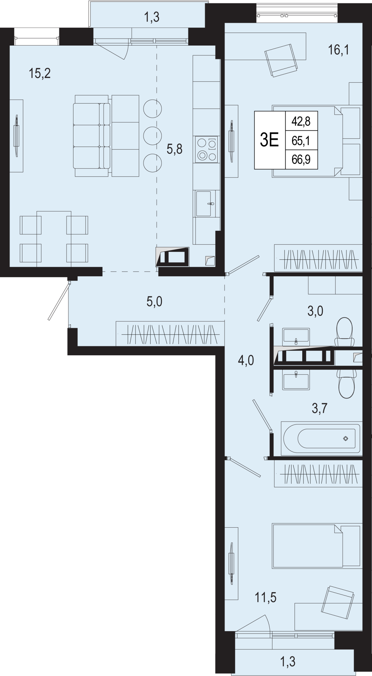 Планировка 3-комнатная квартира в ЖК "Новая Щербинка"
