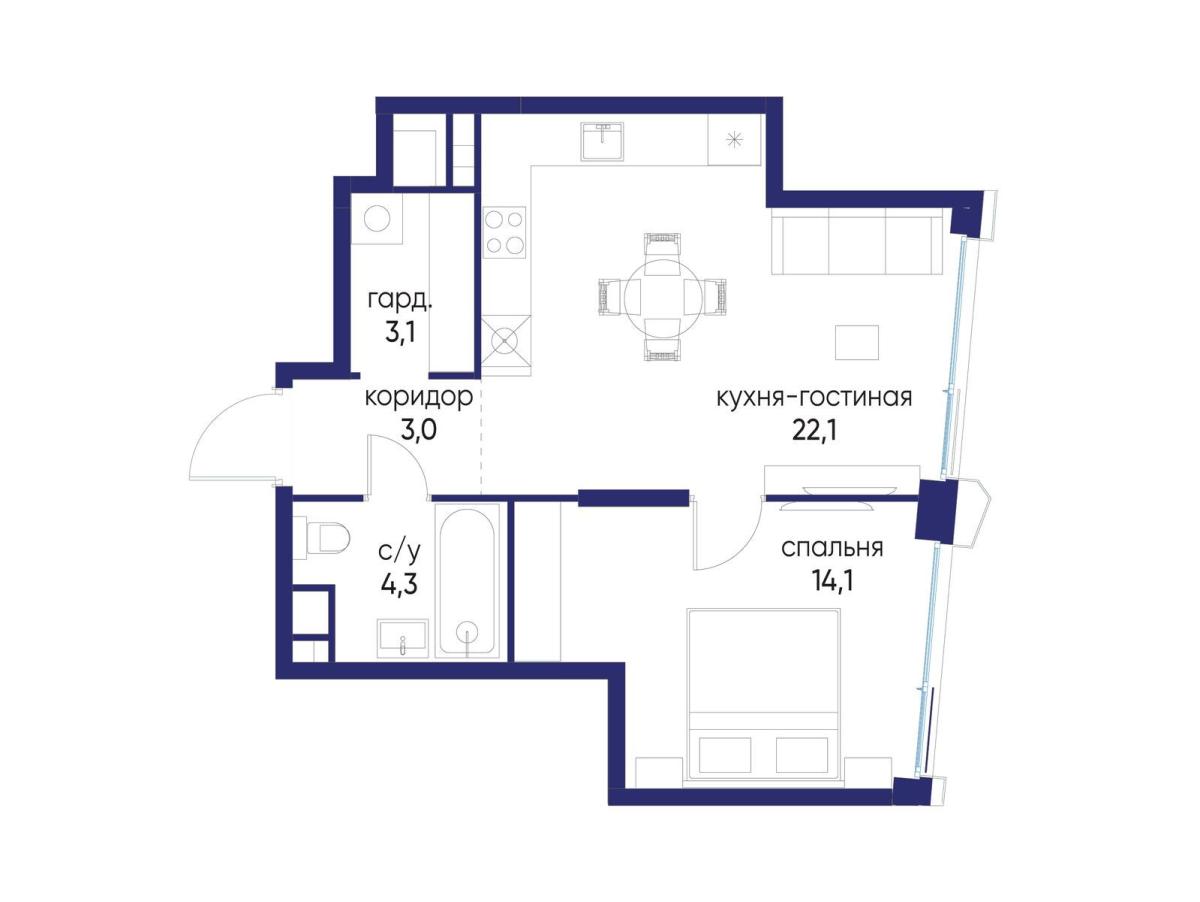 Планировка 1-комнатная квартира в ЖК "Остров"