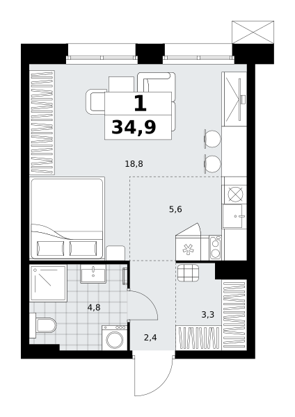 Планировка 1-комнатная квартира в ЖК "Дзен-кварталы"