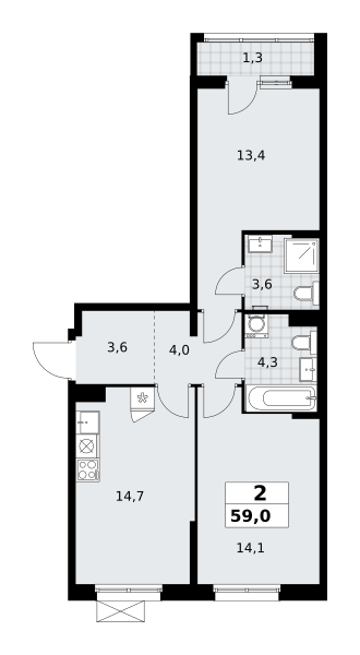 Планировка 2-комнатная квартира в ЖК "Прокшино"