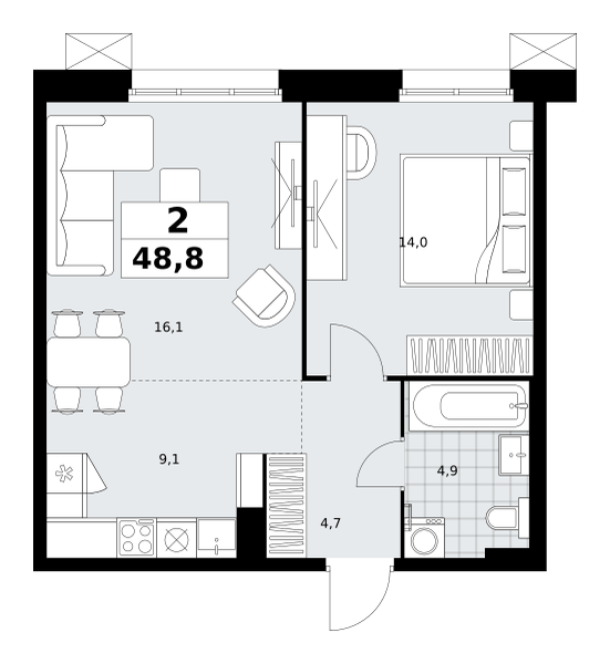 Планировка 2-комнатная квартира в ЖК "Дзен-кварталы"