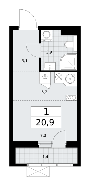 Планировка 1-комнатная квартира в ЖК "Бунинские Кварталы"