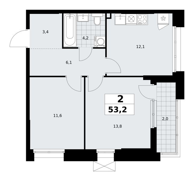 Планировка 2-комнатная квартира в ЖК "Прокшино"
