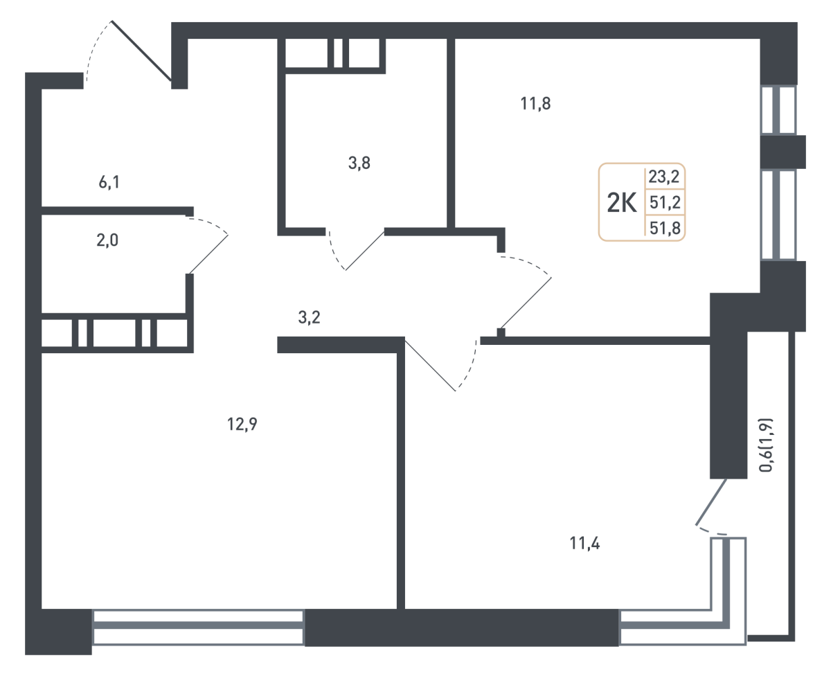 Планировка 2-комнатная квартира в ЖК "Новая Щербинка"