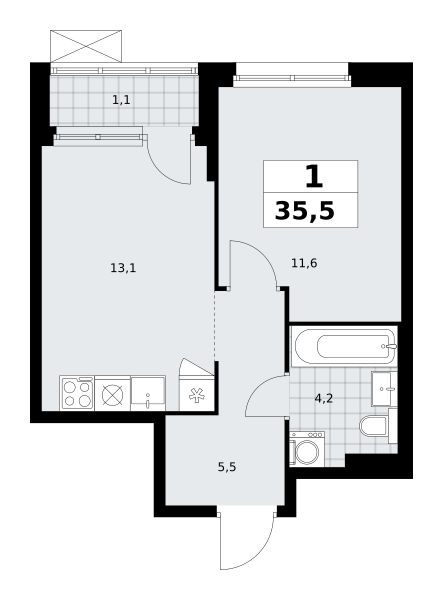Планировка 1-комнатная квартира в ЖК "Прокшино"