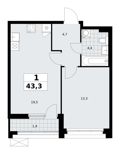 Планировка 1-комнатная квартира в ЖК "Прокшино"