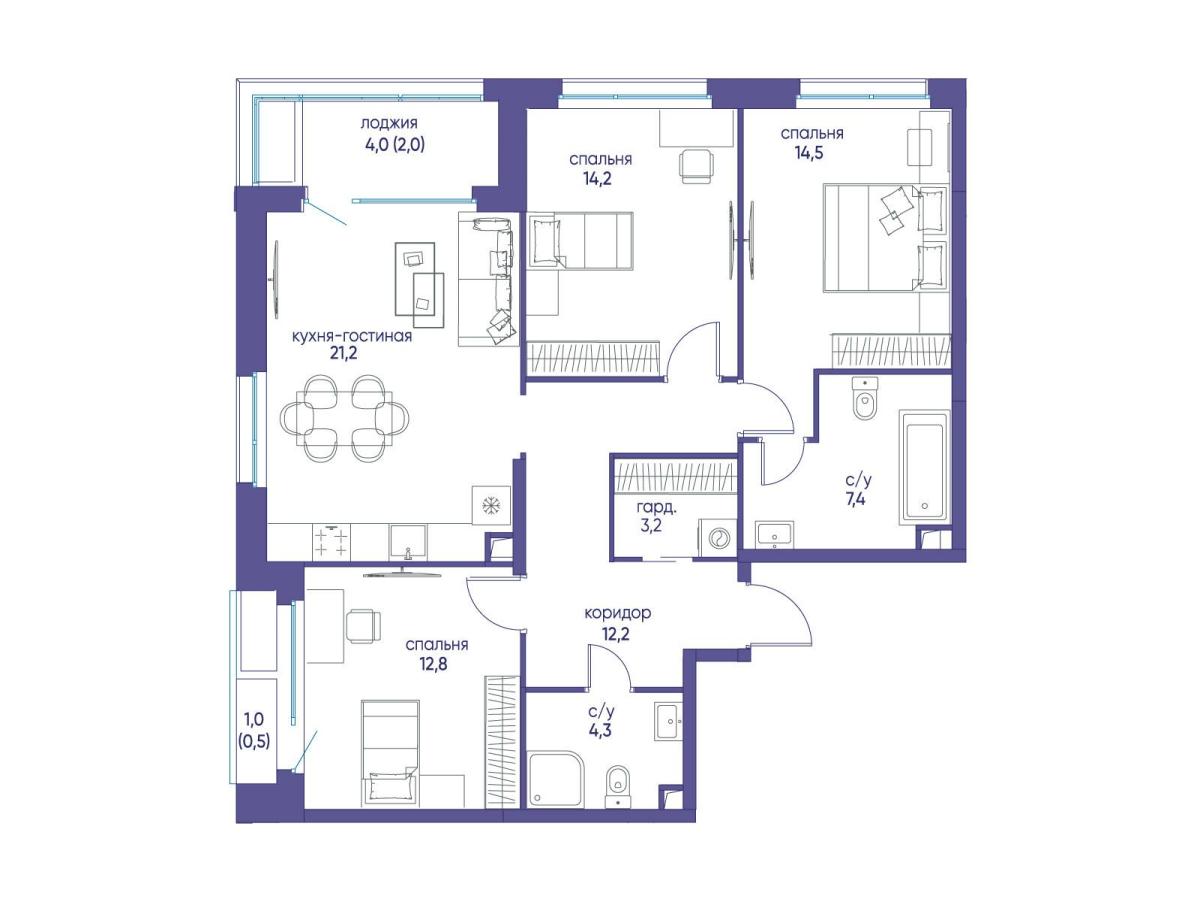 Планировка 3-комнатная квартира в ЖК "Остров"