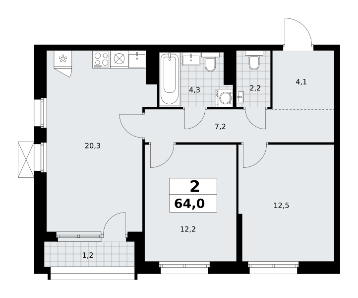 Планировка 2-комнатная квартира в ЖК "Прокшино"
