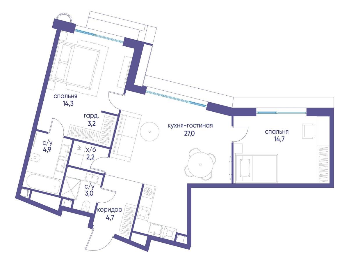 Планировка 2-комнатная квартира в ЖК "Остров"