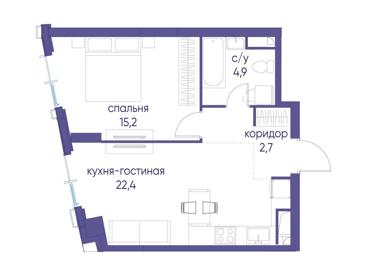 Планировка 1-комнатная квартира в ЖК "Событие"