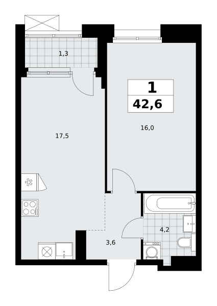 Планировка 1-комнатная квартира в ЖК "Прокшино"