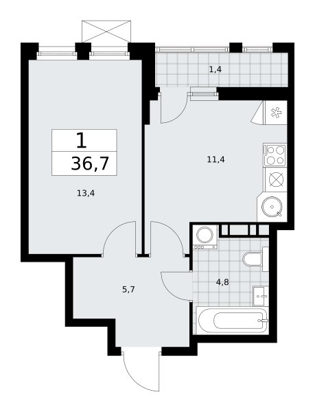 Планировка 1-комнатная квартира в ЖК "Бунинские Кварталы"