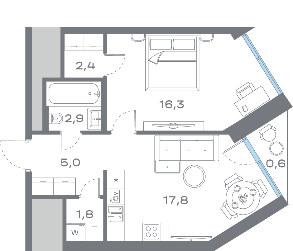 Планировка 1-комнатная квартира в ЖК "Дом Горизонтов"