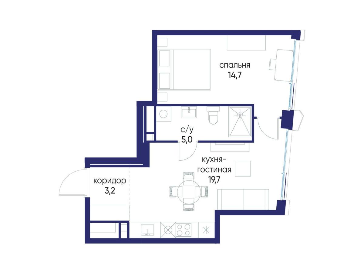 Планировка 1-комнатная квартира в ЖК "Остров"