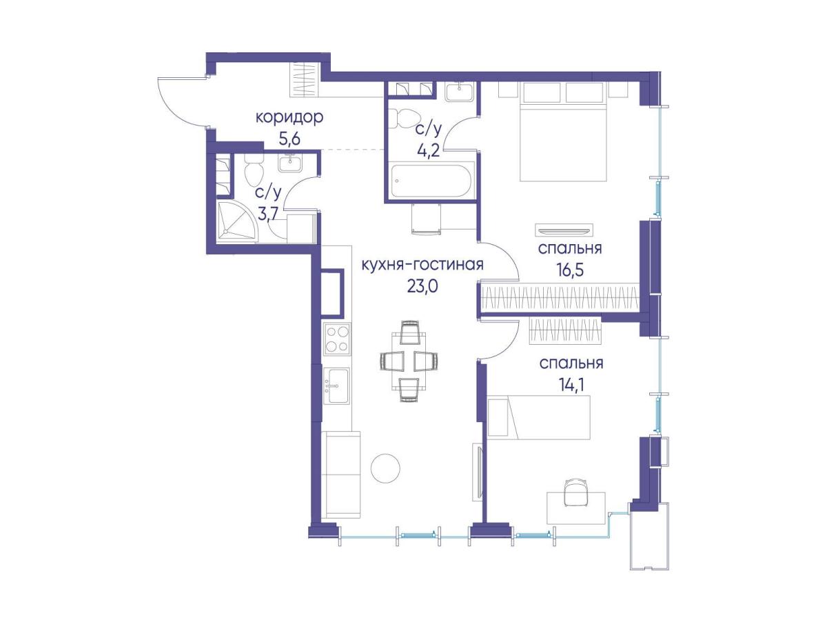 Планировка 2-комнатная квартира в ЖК "Событие"