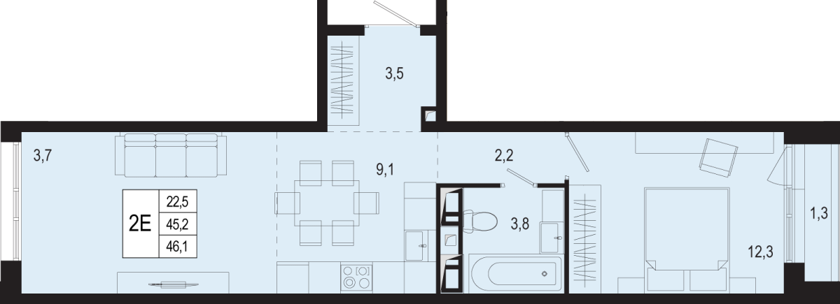 Планировка 2-комнатная квартира в ЖК "Новая Щербинка"