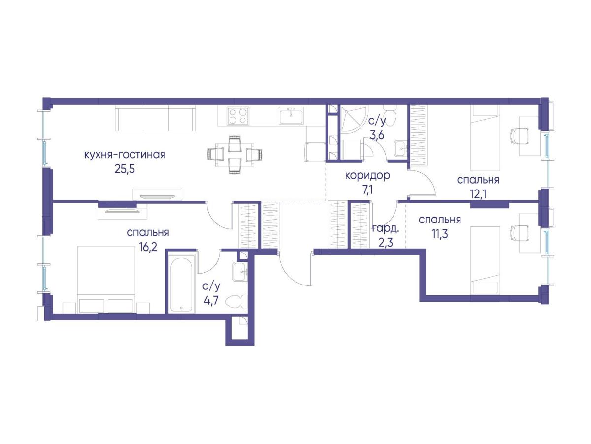 Планировка 3-комнатная квартира в ЖК "Событие"