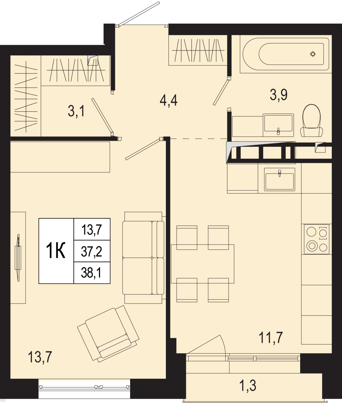 Планировка 1-комнатная квартира в ЖК "Новая Щербинка"