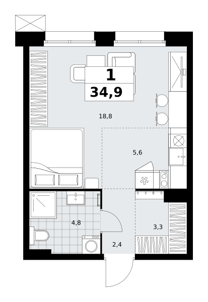 Планировка 1-комнатная квартира в ЖК "Дзен-кварталы"
