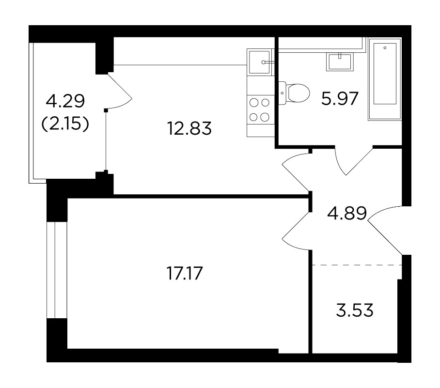 Планировка 1-комнатная квартира в ЖК River Sky (Ривер Скай)