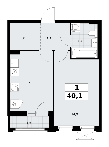 Планировка 1-комнатная квартира в ЖК "Прокшино"