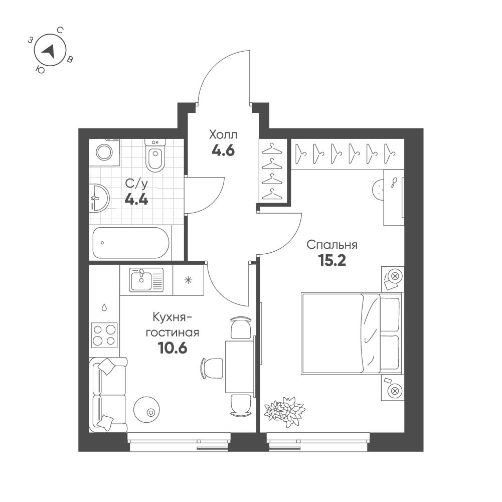 Планировка 1-комнатная квартира в ЖК Shagal (Шагал)