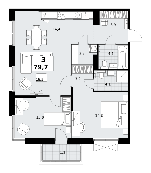 Планировка 3-комнатная квартира в ЖК "Дзен-кварталы"