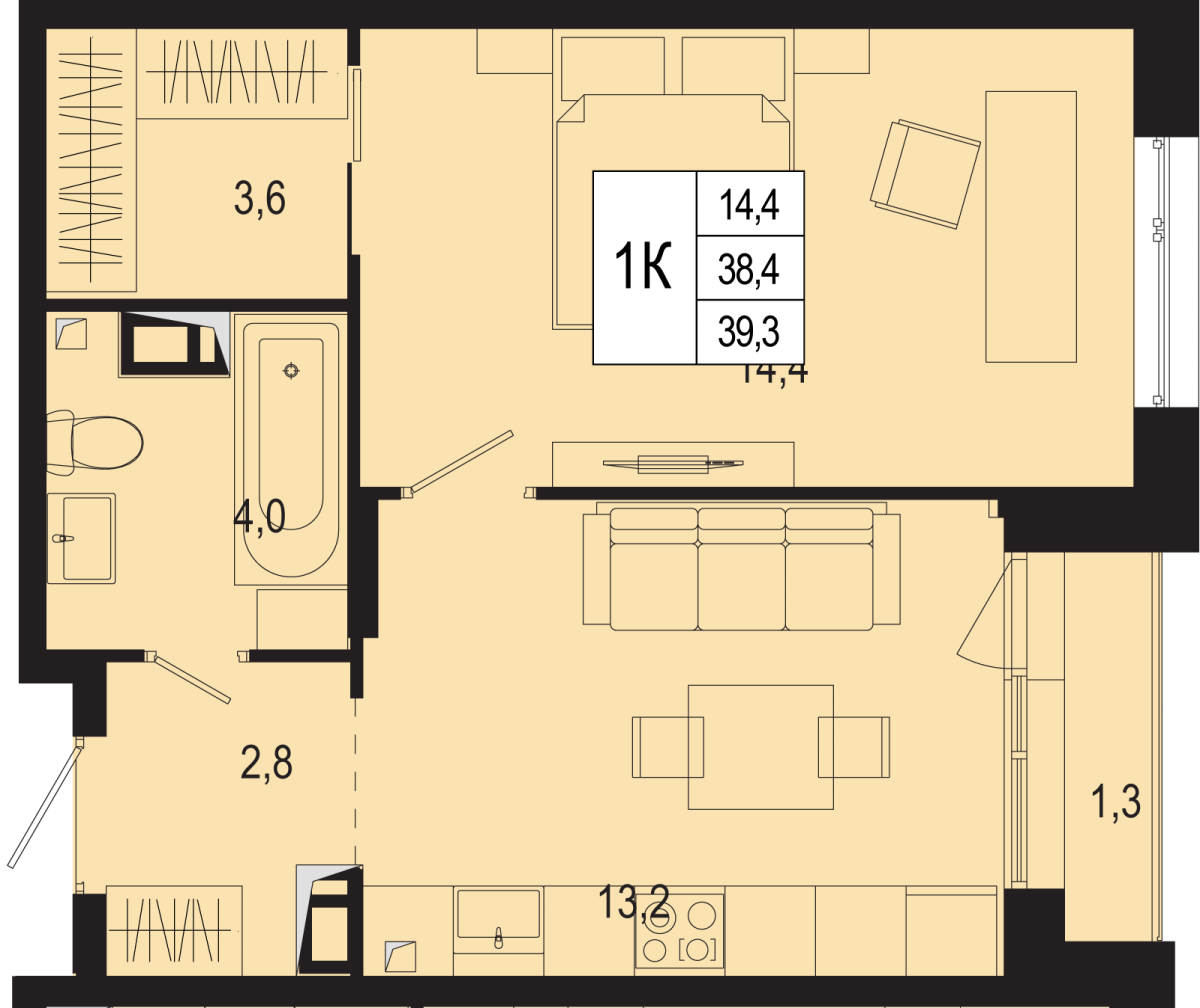 Планировка 1-комнатная квартира в ЖК "Новая Щербинка"