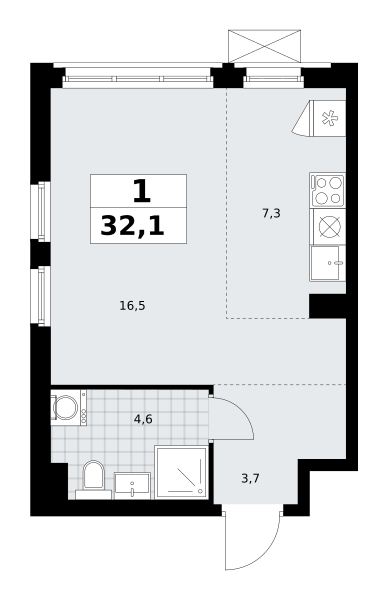 Планировка 1-комнатная квартира в ЖК "Прокшино"