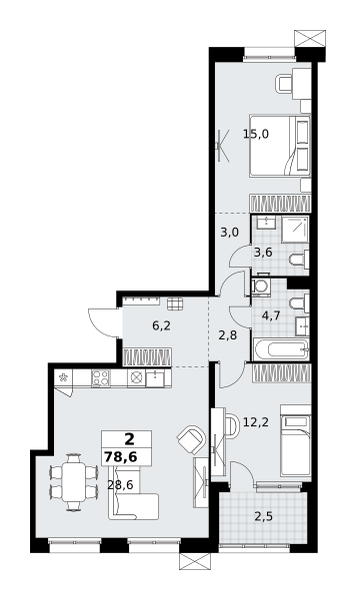 Планировка 2-комнатная квартира в ЖК "Дзен-кварталы"